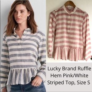 LAST CHANCE: Lucky Brand Women’s Striped Crew Neck Ruffle Hem Henley Top, Small